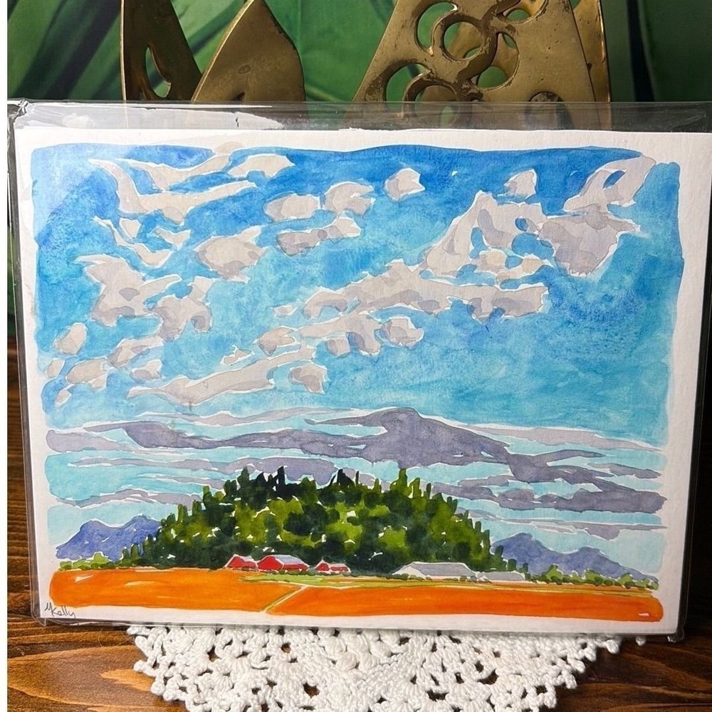 Martha Kelly Original Watercolor Art Landscape Farmhouse Vibrant Scenic Farm